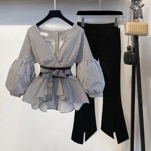 Elegant OL Work wear 2 Pieces set 2019 Spring New Puff Sleeve Bow Tie up Striped Blouse and Split Flares pant Suit S-3XL