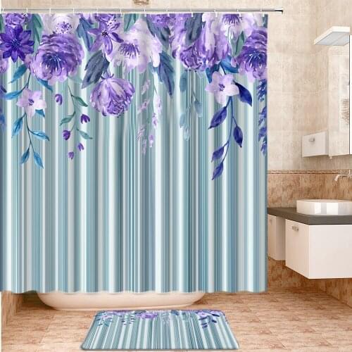 Purple Floral Stripes Background Shower Curtains Set Bath Mats Rugs Carpet Entrance Door Mat Bathroom Curtain Bathroom Products
