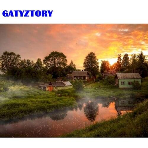 GATYZTORY DIY Oil Painting By Numbers Kits For Adults Hand Paint Sunset House Landscape Picture By Number Home Room Artcraft