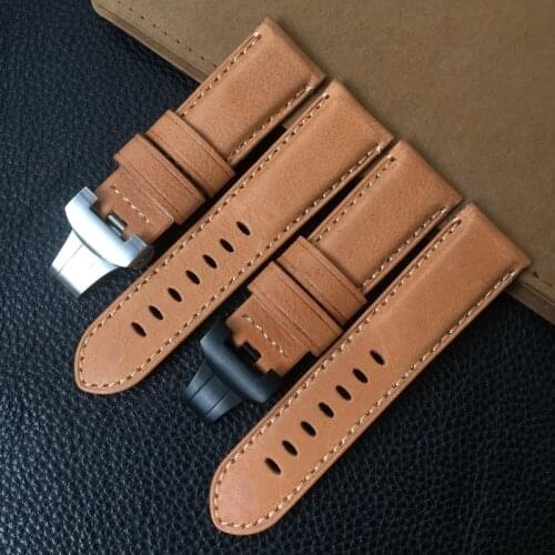 Quality 24mm Light Brown Vintage Italy Genuine Leather Watchband For PAM111 PAM441 PAM Watch Strap Butterfly buckle Style Belt