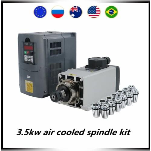 CNC spindle motor kit 3.5kw 3500w 18000RPM ER20 air cooled square spindle motor + 4kw HY inverter + 13pcs ER20 collets(1-13mm
