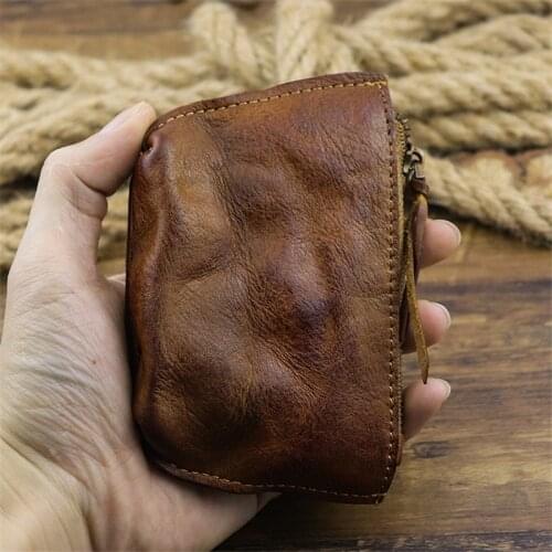 Retro fashion folds natural Genuine Leather unisex short wallet simple casual highquality pure cowhide zipper small coin purse