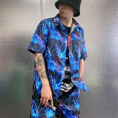 Spring Summer New Suit Mens Lightning Print Shirts Hip-hop Trendy Men Short Sleeve Loose Shirt Nightclub Male Pockets Pants