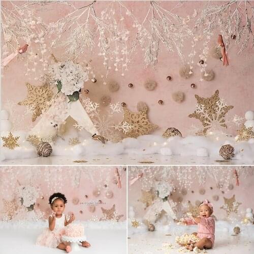 Mocsicka Baby Newborn Christmas Photography Backdrop Pink Wall Winter Snowflake Girl Photoshoot Background Birthday Decorations