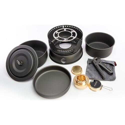 2-4 Person Camping Stove Cook Set 10 Pieces Outdoor Cookware Alcohol Stove Cook Set Hiking Picnic Stove with Gripper Pot