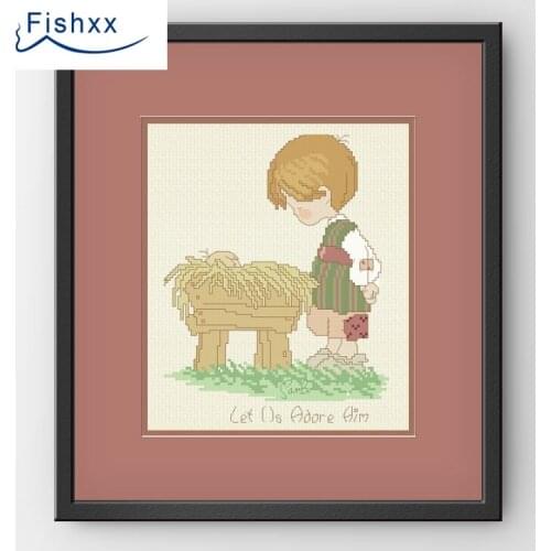 Fishxx Cross Stitch 14CT Kit European Style ChildrenS Bedroom Paintings H075 The Grass And The Boy In The Barn