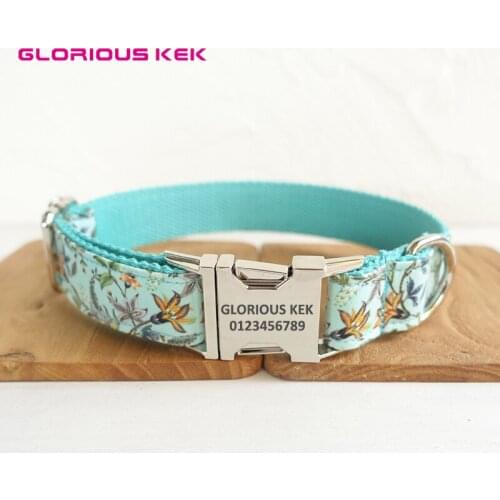 GLORIOUS KEK Pet Dog Collar Summer Turquoise Dog Collars for Big Dogs Personalized Name&Tel Floral Pet Collar Nylon Metal Buckle