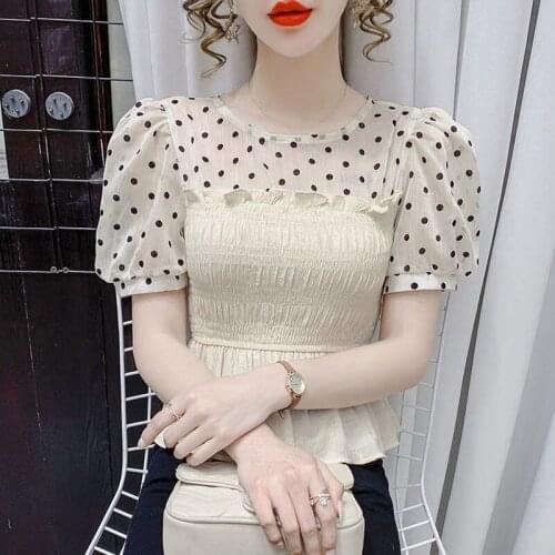 French puff sleeves 2021 new design sense niche dots short-sleeved shirt summer fashion all-match casual chiffon shirt