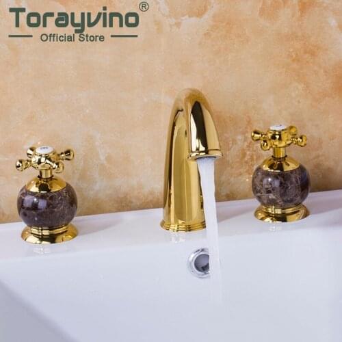 Torayvino Luxury Deck Mounted Mixer Ceramic Gold Marble Taps Waterfall 3 Pieces Bathroom Bathtub Basin Sink Brass Faucet Set