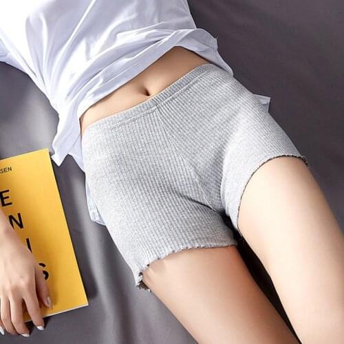 Ladies Women Summer Safety Pants Thread Ribbed Striped Seamless Stretchy Underpants Solid Color Ruffled Agaric Hem Boxer Shorts