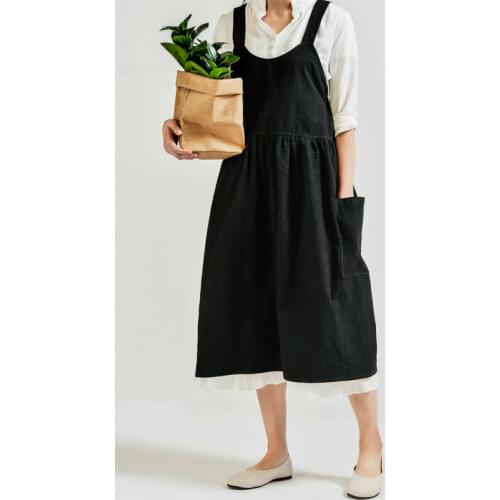 Vintage Women Lady Linen Cross Cotton Linen Japanese Style Sleeveless Pinafore Home Coffee Cooking Florist Aprons Casual Dress