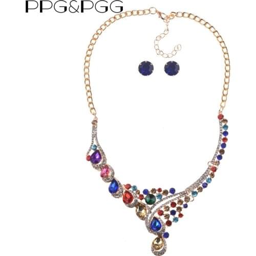 PPG&PGG Crystal African Beads Jewelry Sets for Women Gold Color Wedding Necklace Earrings Jewellery Wholesale