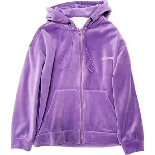 Violet Zip-up Jacket Women Sweatshirt Autumn Winter Loose Plush Thicken Korean Embroidery Zipper Hooded Casual Coat