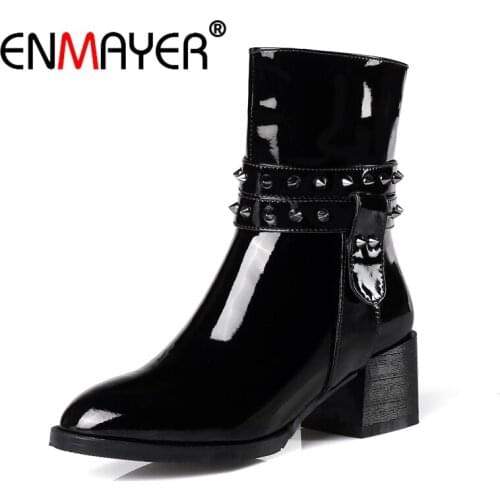 ENMAYER Big Size31-47 Women Real Leather Half Short Boots Rivet Buckle High Heel Boots Warm Fur In Winter Shoes Snow Women CR615