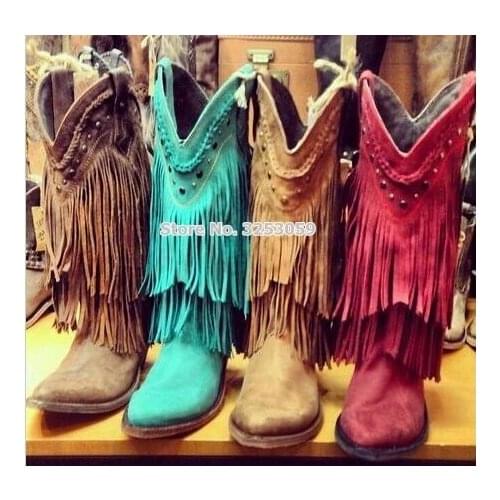 ALMUDENA Women Cowboy Style Fringe Middle Boots Chunky Heel Studded Tassel Boots Real Photo Motorcycle Boots Gladiator Shoes