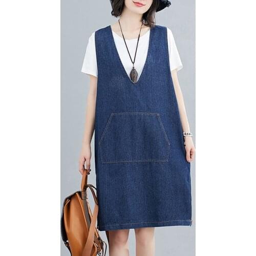 Spring Summer Denim Sundress Women Sleeveless Side Zipper Loose Midi Jeans Dress Vestido De Mujer