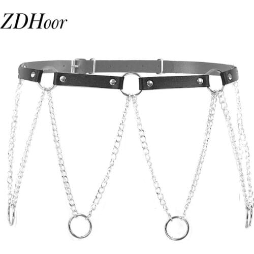 Women Hot Punk Belt Ladies Gothic Adjustable Waist Belt Faux Leather Body Waist Harness Belt with Metal O Rings Chain Tassel