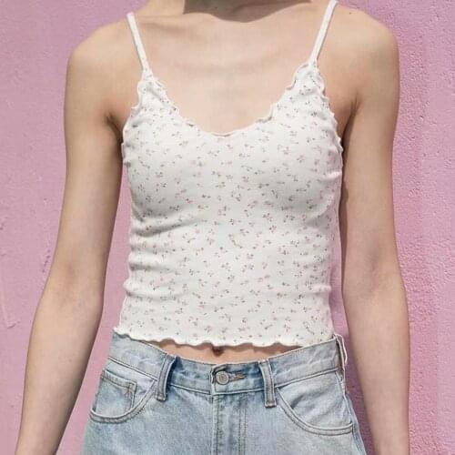 Floral Print Sexy Slim Crop Top Women 2021 Summer Sweet Ladies V Neck Ruffles Camis Blouses Vintage Casual Cotton Y2k Tops Chic