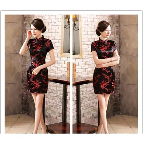 Chinese Female Satin Dress Elegant Slim Plus Size Qipao Mandarin Collar Vintage Cheongsam Vestidos Sexy High Split Formal Dress