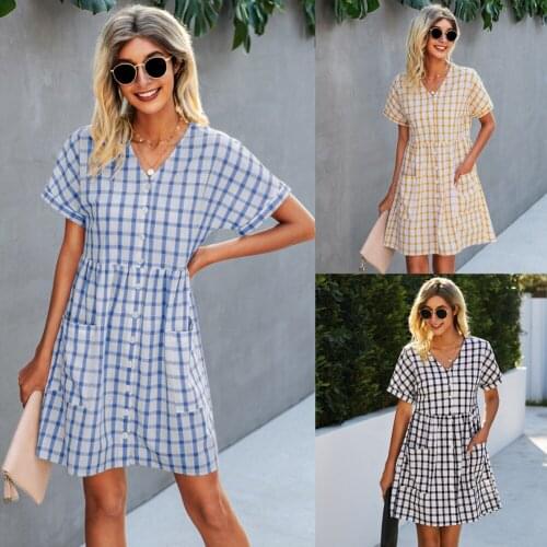 Women Summer Dress 2021 New Fashion Pocket v-neck Plaid Dress Female Grid Vestido De Mujer ONYLQ211S6004
