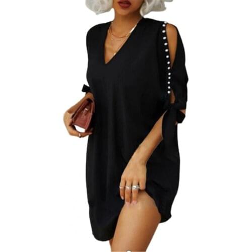 Dress women elegant V Neck Lace Up Summer Hollow Out Sleeve Beaded Dress for Office Street wear Black xxxxl vestidos 2021