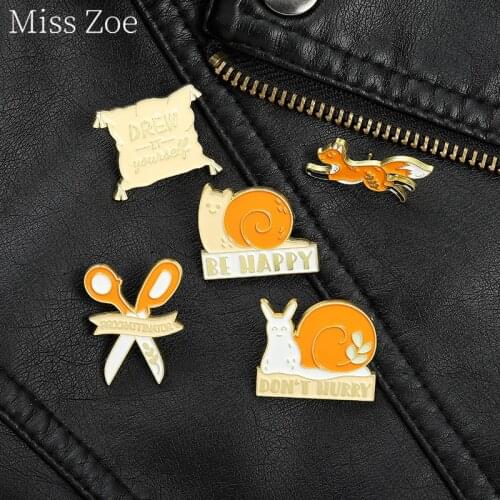 Be Happy Take It Easy Enamel Pins Custom Fox Snails Scissors Brooch Lapel Badge Denim Bag Cartoon Jewelry Gift For Women Friends