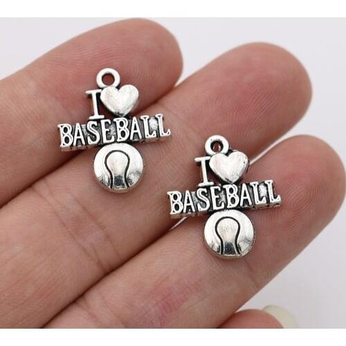 10Pcs Tibetan Silver Plated I Love Baseball Charms Pendants for Jewelry Making Bracelet DIY Handmade 21x19mm