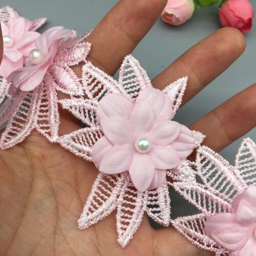 20x Pearl Rose Flower Pink Embroidered Leaf Lace Trim Ribbon Fabric Sewing Supplies Craft DIY For Costume Dress Hat Decoration