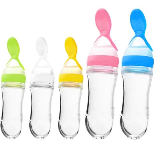 90ml Safety Silicone Baby Bottle With Spoon Food Supplement Rice Cereal Bottles Squeeze Spoon Milk Feeding Bottle Cup