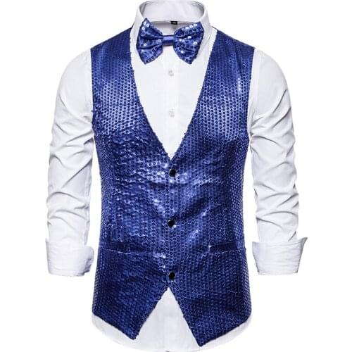 Shiny Blue Sequins Vest Waistcoat Men 2021 Brand New Slim Fit Party Nightclub Vest Men Stage Singer Prom Gilet Costume Homme