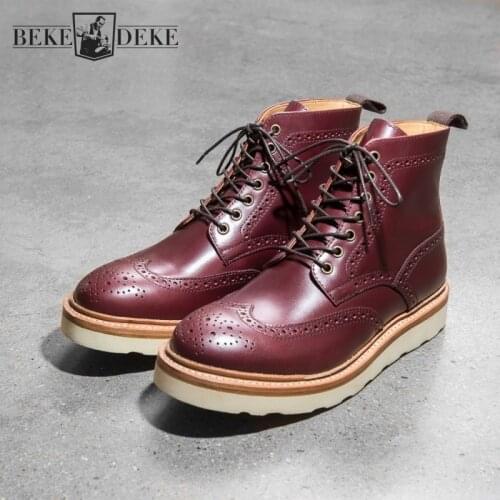 Large Size 45 Mens Work Shoes Genuine Leather High Top Shoes Vintage Brogue Shoes Cow Leather Motorcycle Bikers Ankle Boots Men