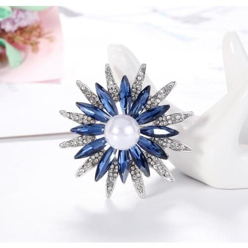 Blue Rhinestone Acrylic Retro Sun Flower Brooches for Women Enamel Brooch Pins Jewelry Accessories