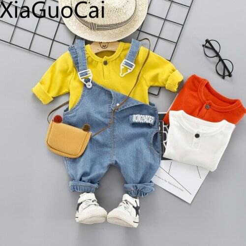Spring and Autumn Childrens Sets Cool Solid Baby Kids Sets Round Neck Long-sleeved Denim Two-piece Childrens Suits