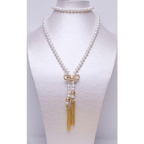 Length 90cm Long Natural Pearl Necklace With Bowknot Decoration Pendant Women Genuine Pearl Necklace Jewelry Gifts