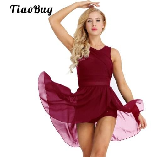 Women Adult Lyrical Illusion V-Neck Dance Dress Chiffon High Low Skirted Leotard Ballet Dance Gymnastics Leotard Dress