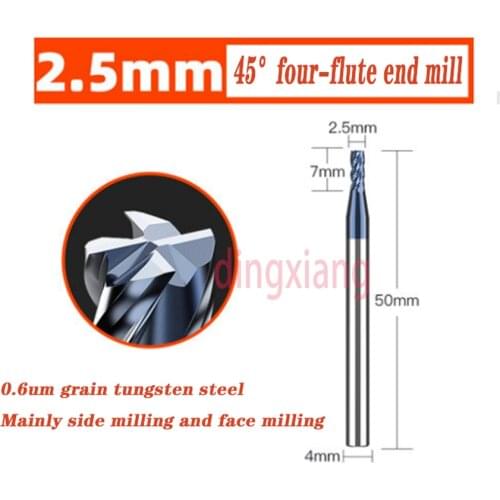 45 Degree 4 Flute Tungsten Carbide Milling Cutter 2.5X50X4X7mm CNC Machining End Mill 1PC