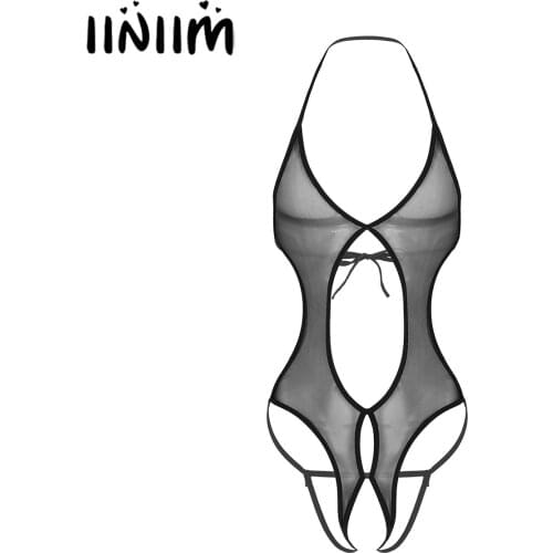 Iiniim Men Gay Male See-through Mesh Bocdysuit Catsuit Lace-up Crotchless Open Butt Fetish Sissy Lingerie Teddy Nightwear