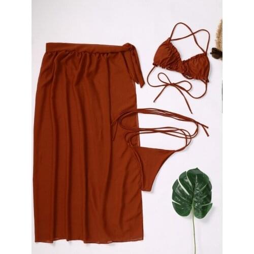 A5KC Women Sexy 3pcs Bikini Set Solid Color Halter Ruffled Bra Strappy Thong Swimsuit with Mesh Maxi Beach Skirt Bathing Suit