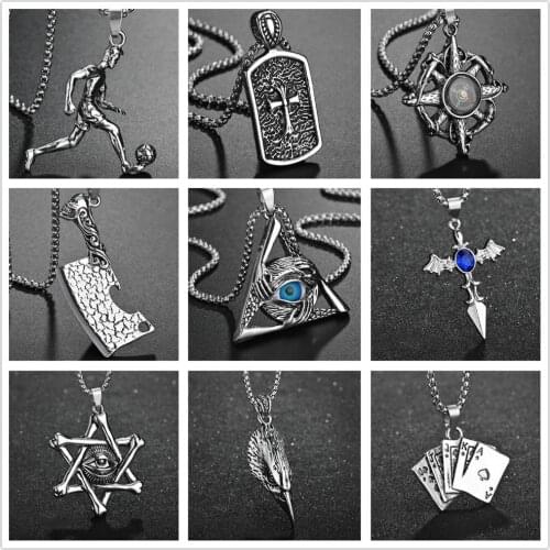 Retro Hollow Five Star Arrow Pendant for Men Cross Poker Evil Eye Pendants Stainless Steel Tree Vintage Necklace Punk Jewelry