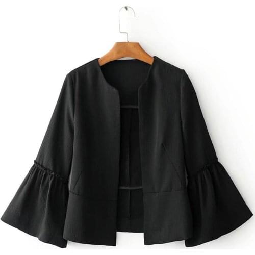 Women Elegant Solid Jacket Open Stitch Design Flare Sleeve Coats Black Red Ladies Casual Brand Outerwear Tops