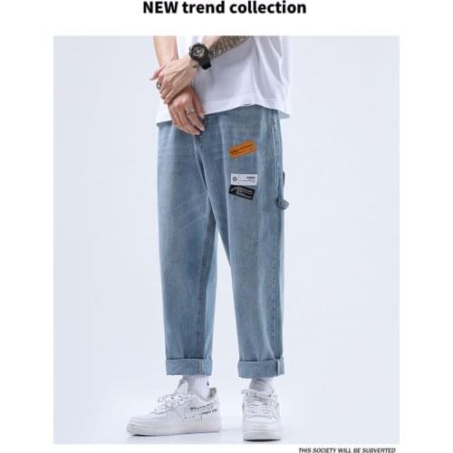 Men 's Jeans Trend Straight Trousers Student Ninth Pants Wide Leg Pants Ankle-length Pants Casual Plaid Embroidery MID Solid