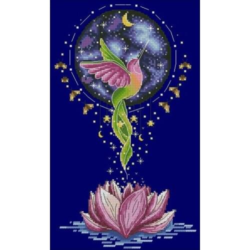 11/14/18ct diamond blue Popular Counted Cross Stitch Kit Hummingbird Bird and Flower Flowers Moon night Lotus