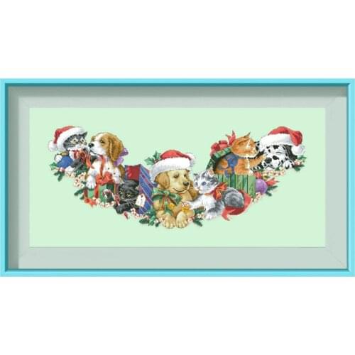 Frisky friends tree skirt cross stitch kits Dreampattern embroidery needlework sets 18ct 14ct 11ct light green DIY handmade