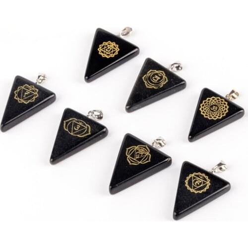 Natural Obsidian Bronzing Carving Seven Chakras Symbols Triangle Pendant Alphabet Beads Crystal Amethyst Jewelry Necklace Making