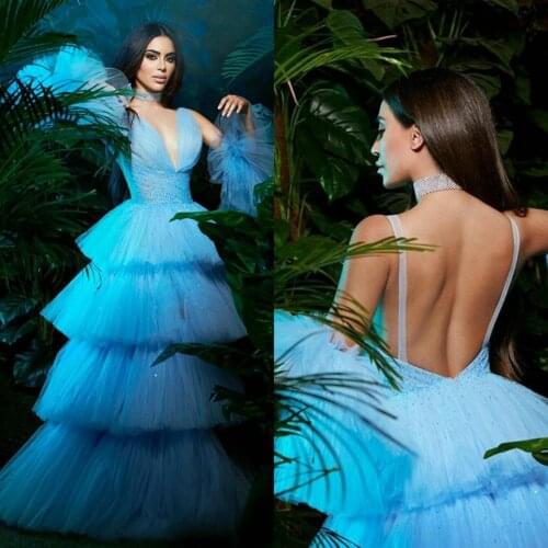 Sky Blue Prom Dresses Bling Sequins Deep V Neck Tiered Skirts Evening Gowns Sexy Backless Occasion Party Dress robes de mariée