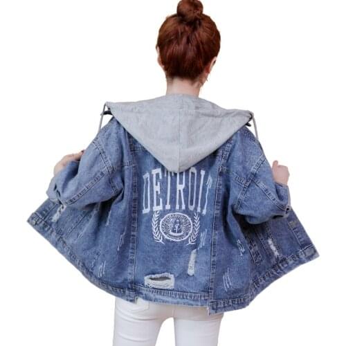 2019 New Jeans Jacket Women Slim Ripped Holes Denim Jacket Femme Elegant Vintage Bomber Jackets Vintage Hooded Basic Coats R731