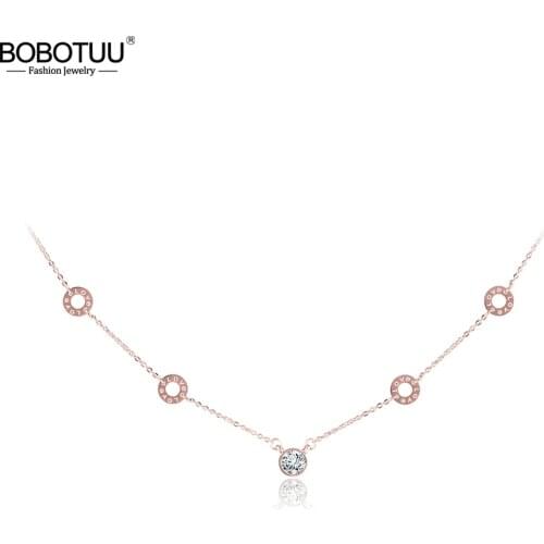 BOBOTUU Trendy Titanium Steel 5Pcs Circles Cubic Zirconia Choker Necklaces CZ Crystal Lovely Pendant Necklace For Women BN17013