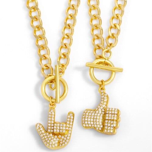FLOLA Copper CZ Gold Chain Necklace Women Crystal Thumbs up Choker Necklace Hip Hop Jewelry nkev79