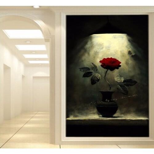 Custom 3d mural Custom red rose oil painting mural vase entrance hall door background wallpaper living room restaurant mural