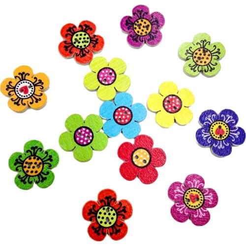 100 Different Flowers Wood 2 Hole Buttons Flat Back for Sewing
